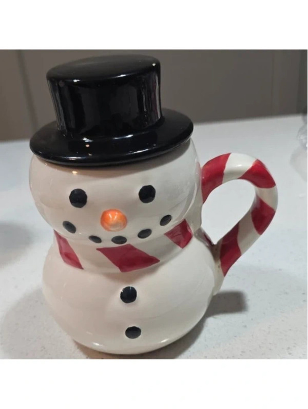 Ceramic Snowman Mug with Removable Hat Lid and Candy Cane Handle